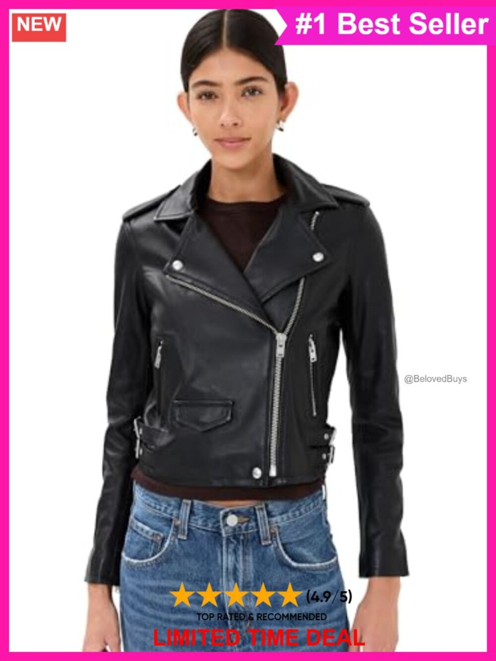 Slim Fit Leather Moto Jacket Aviator Notch Collar Zip Pockets